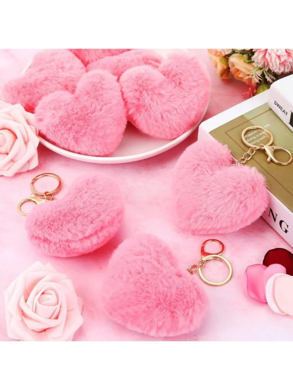 24 Pcs Valentine's Day Fluffy Heart Pom Pom Keychains - Cute Backpack